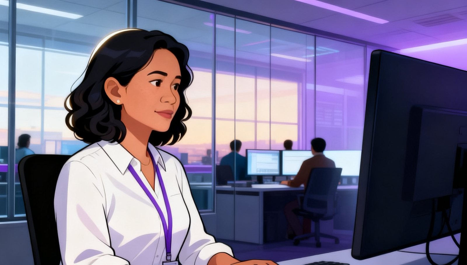 Illustration: an analyst in a white blouse and violet lanyard, upright at her monitor in a glass-walled operations centre by day, colleagues at desks behind.