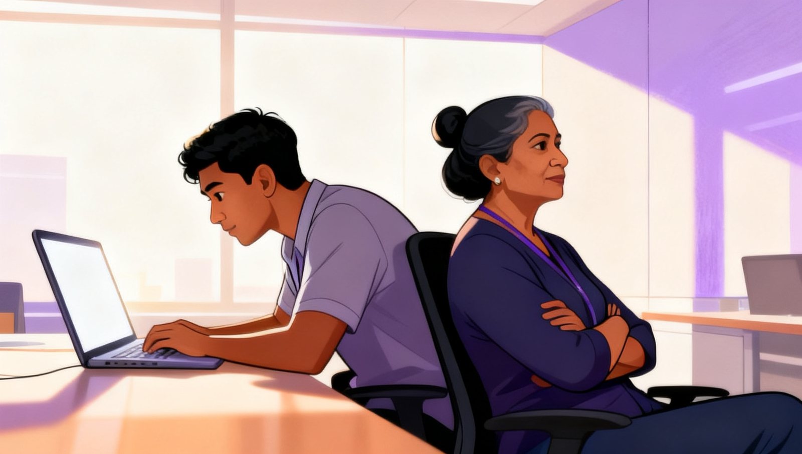 Illustration: two colleagues sitting back to back in a bright office, a young man leaning close to his laptop, an older woman sitting back with her arms crossed.