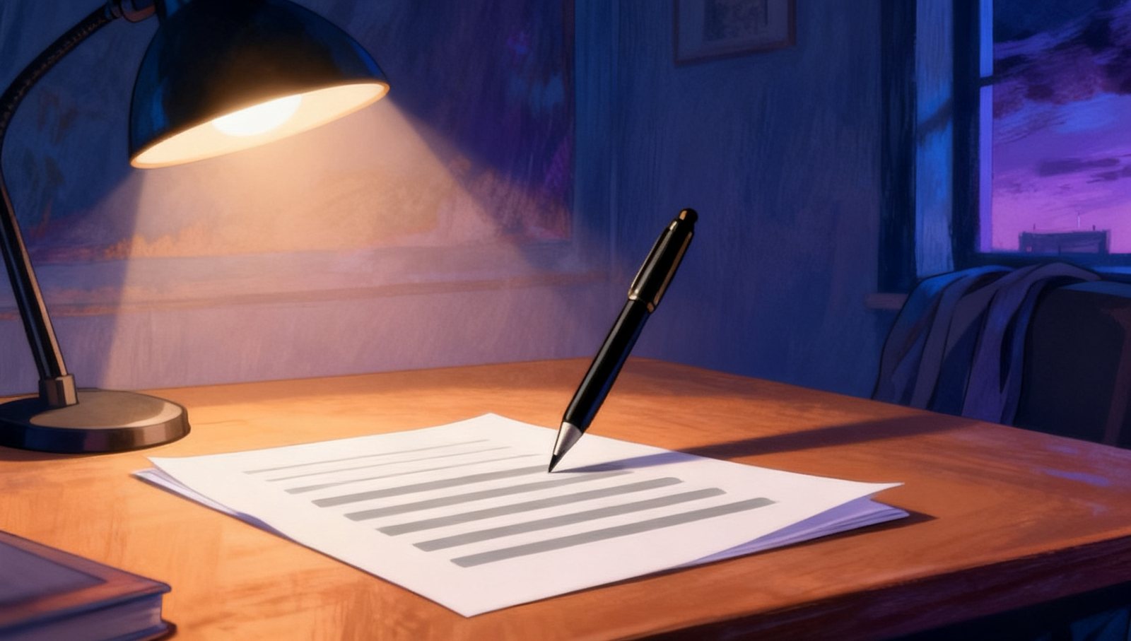 Illustration: a neat printed page of plain grey bars under a desk lamp in the evening, a pen hovering above it, nothing marked.
