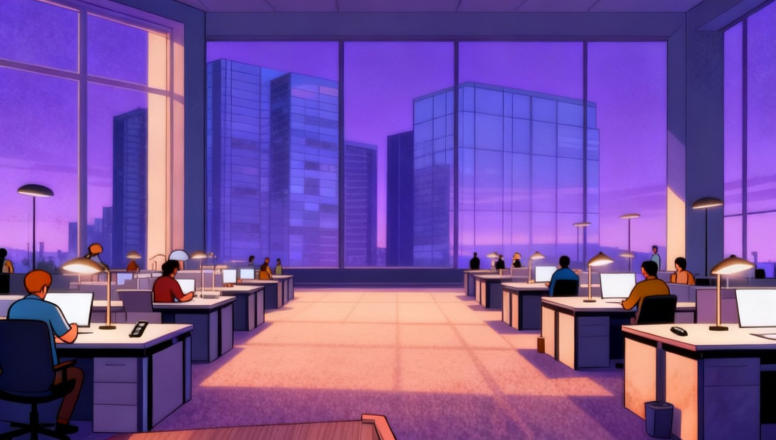 Illustration: a wide open-plan office floor high in a tower at dusk, desk lamps glowing, people small at their desks, glass towers under a violet sky.