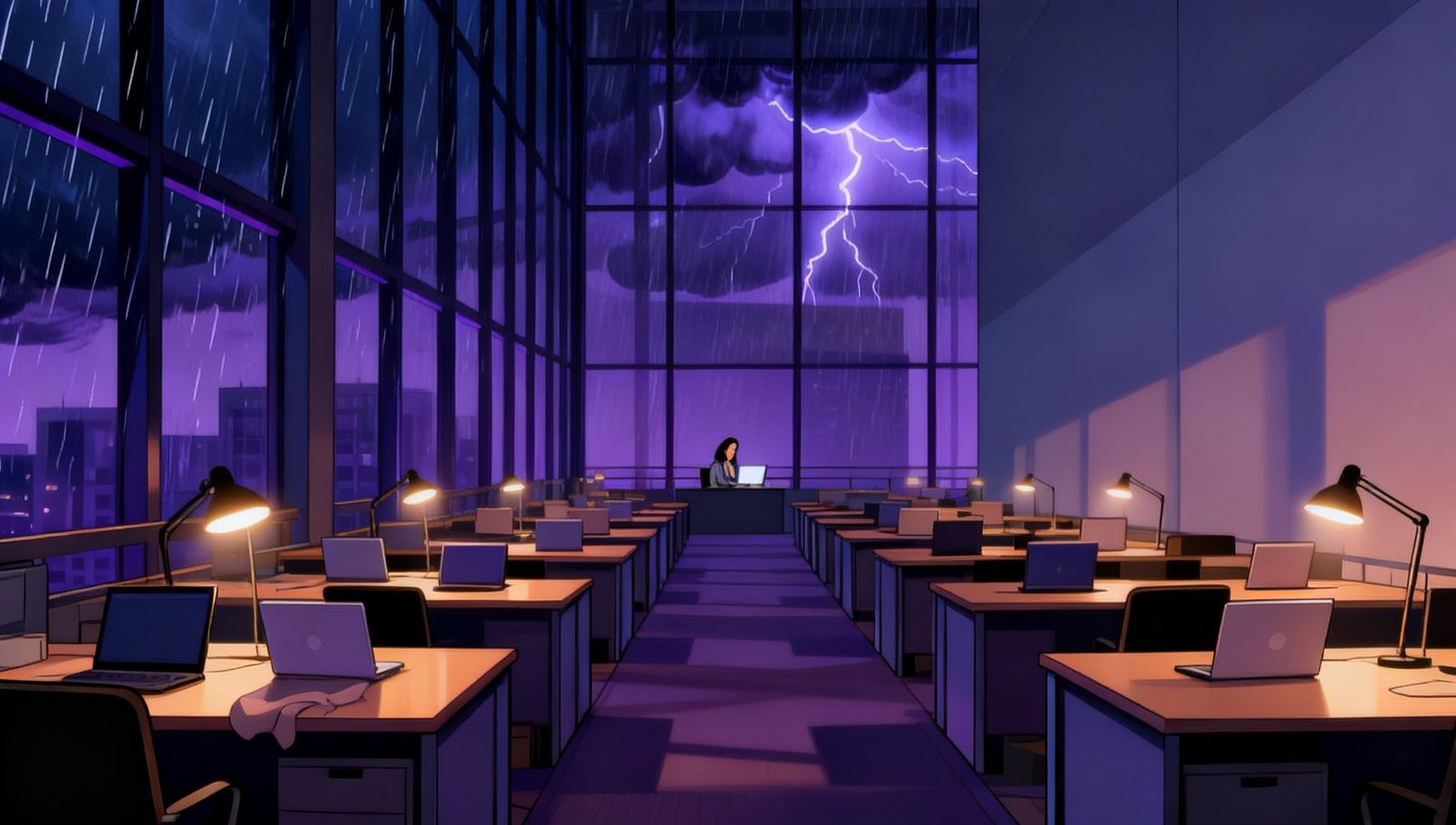 Illustration: a wide, half-empty office floor on a stormy evening, rows of empty desks and lamps, one manager small and far away at her laptop.