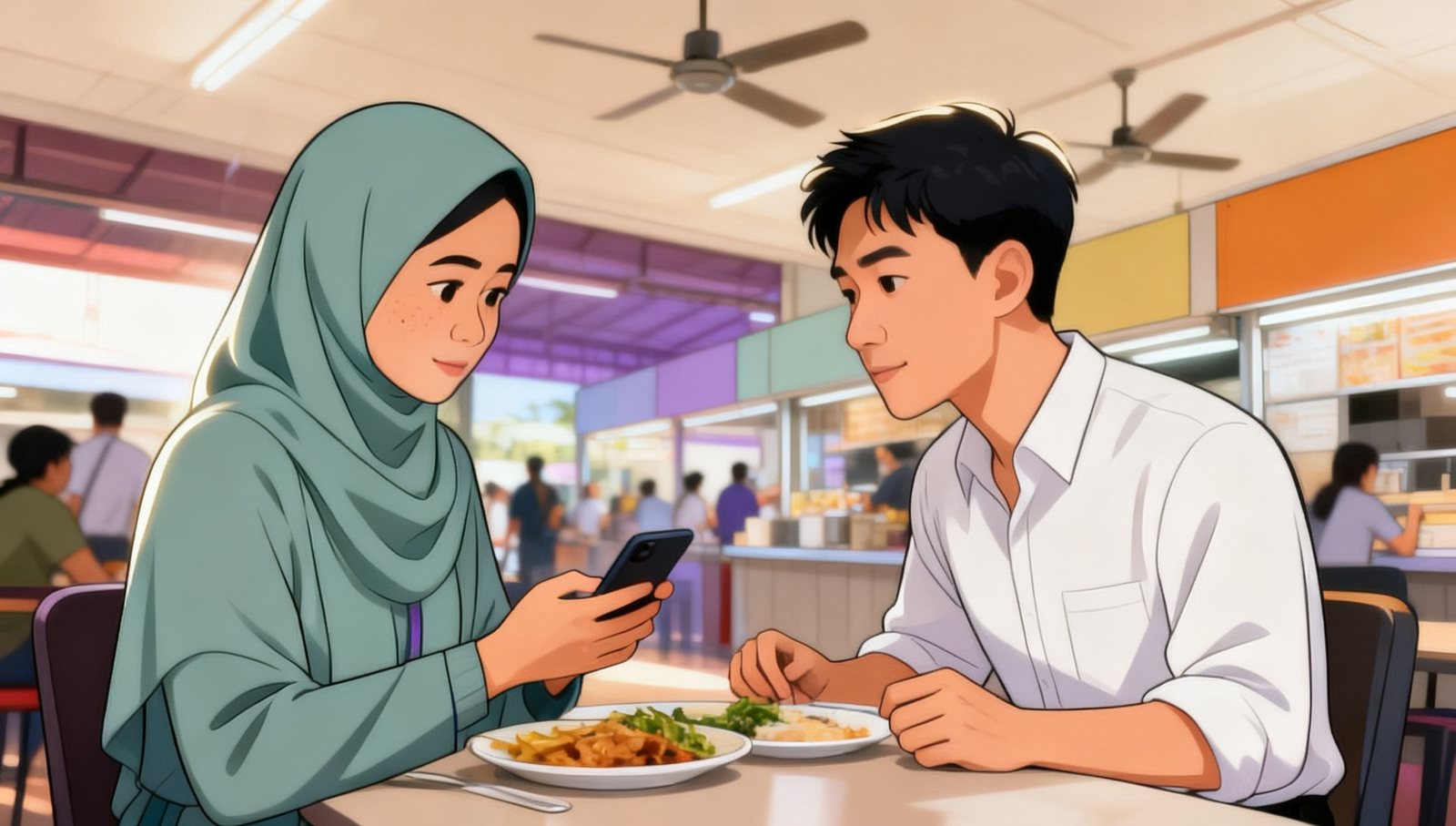 Illustration: two office colleagues at lunch in a busy hawker centre, a woman in a headscarf showing her phone to a young man, plates of food on the table, ceiling fans above.