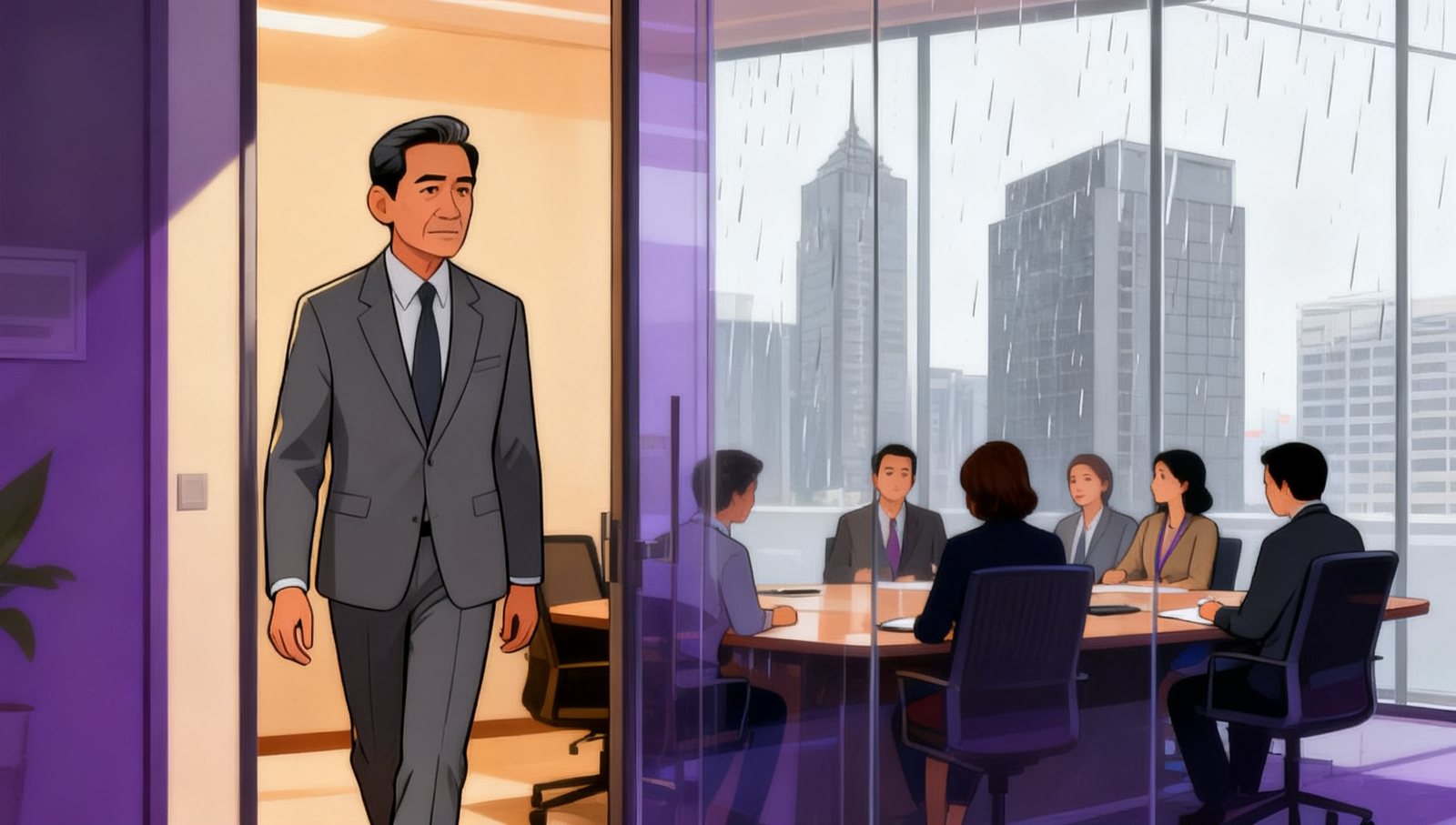 Illustration: a sales director in a grey suit walking out of a glass-walled meeting room, the committee still seated behind the glass, rain on the windows beyond.