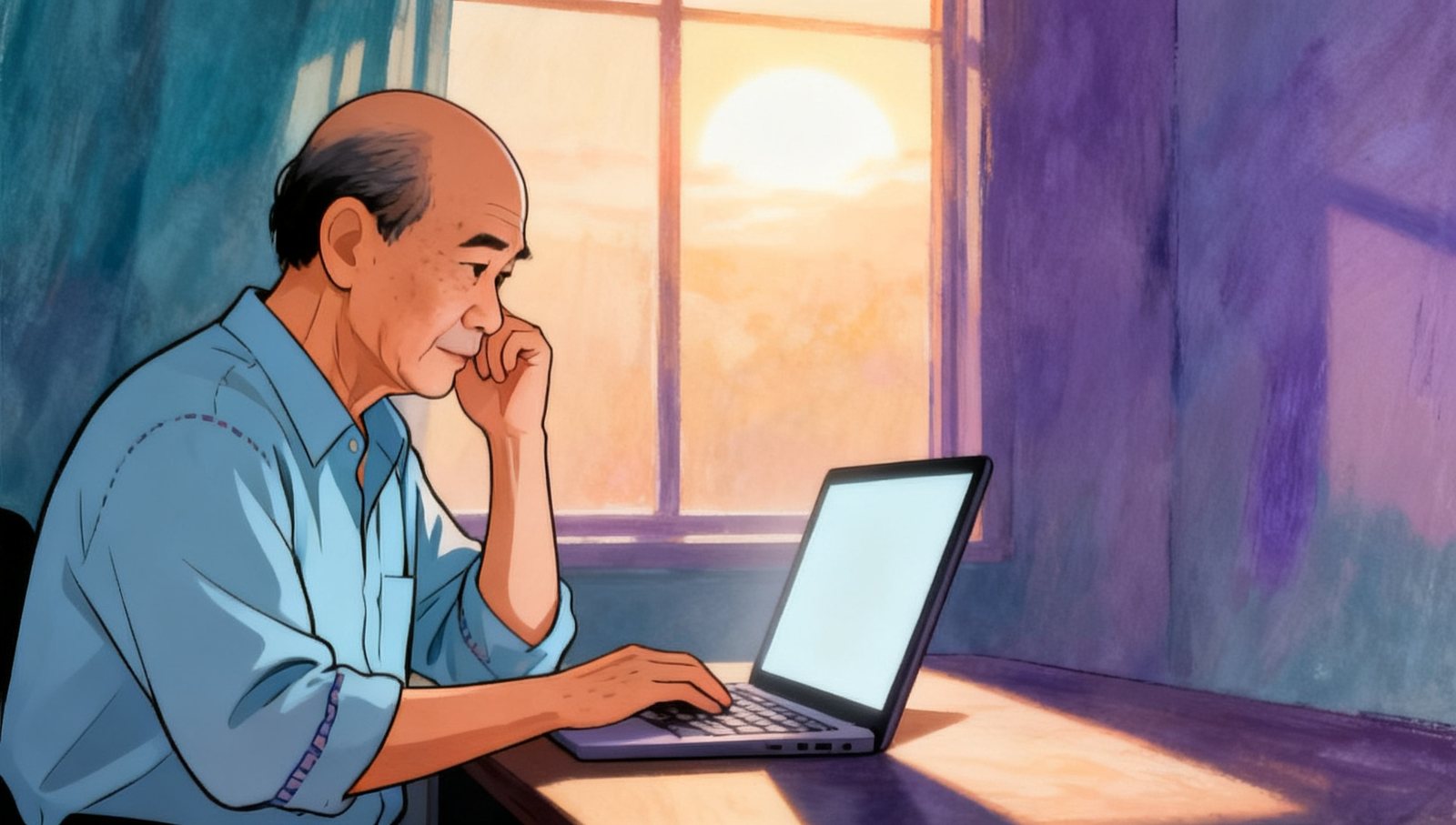 Illustration: a balding manager with a lanyard at his laptop in soft afternoon light, one hand to his face, reading.
