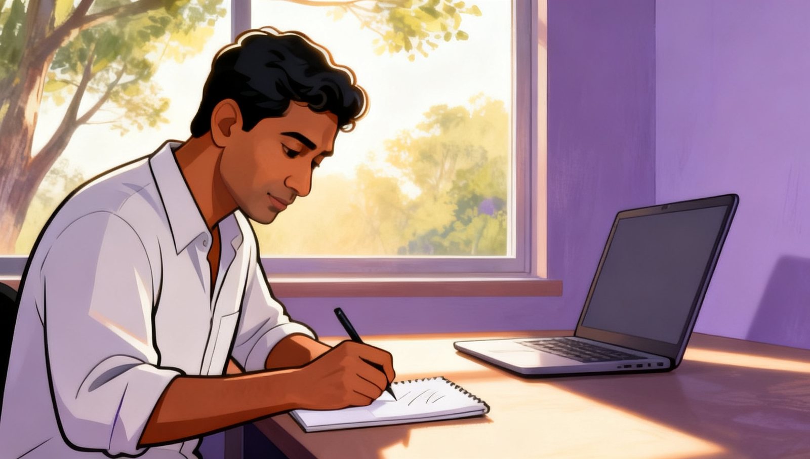 Illustration: a manager writing by hand in a paper notebook in the morning sun, a laptop open beside it, untouched.