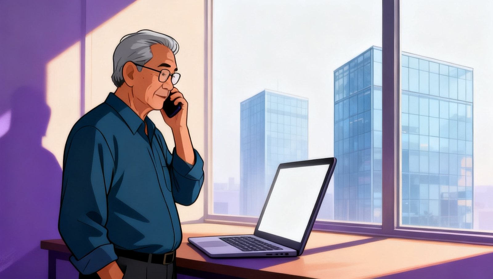 Illustration: a grey-haired programme director in glasses standing by a window at mid-morning, phone to his ear, an open laptop on the desk, towers soft in the distance.