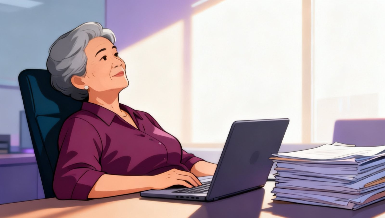 Illustration: an experienced recruiter with short grey hair leaning back at her open laptop in the afternoon sun, a stack of untouched files beside it.