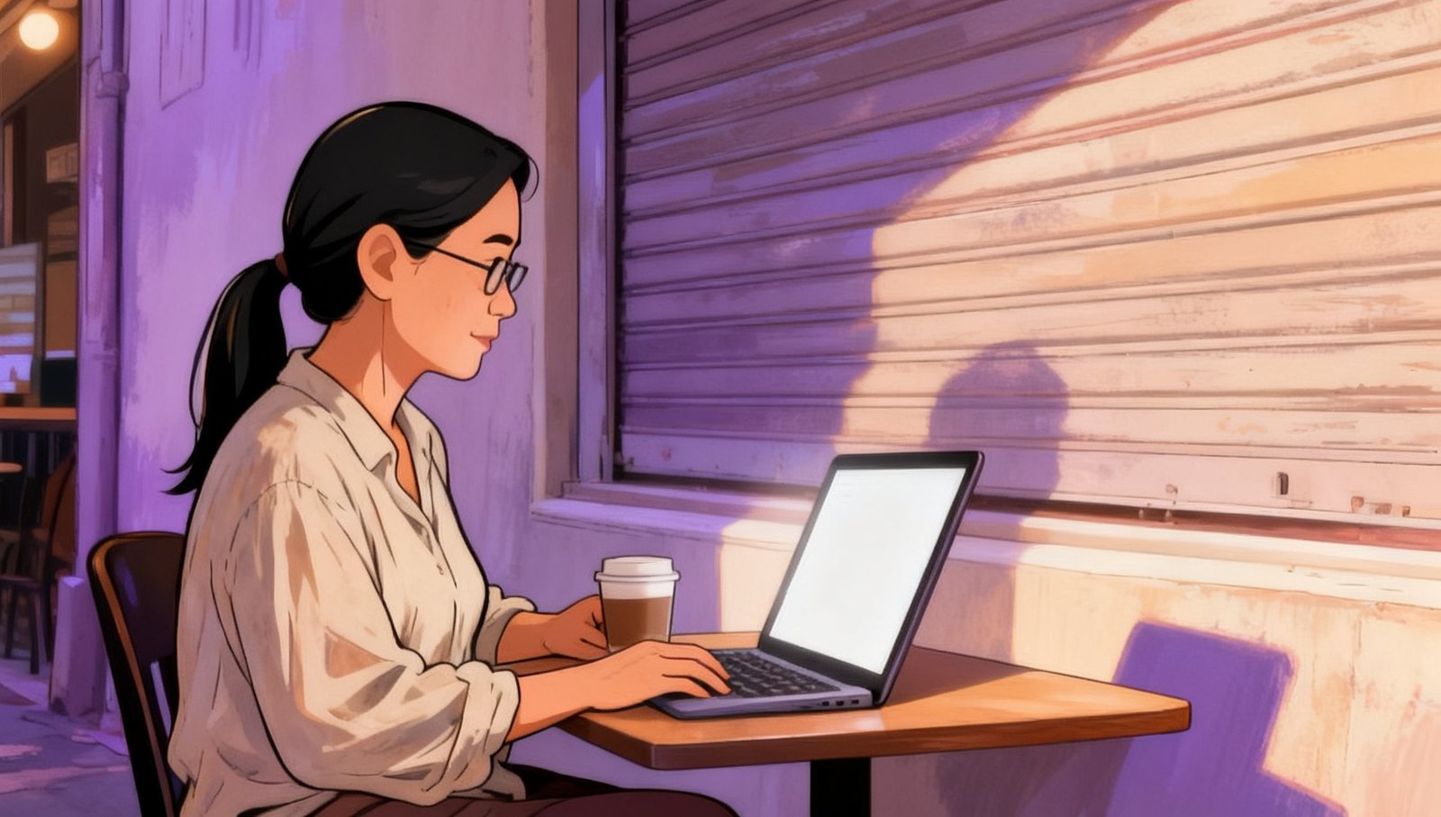 Illustration: a leader in weekend clothes at a small cafe table on a shophouse walkway on a Saturday morning, laptop open, coffee beside her, a shuttered window behind.