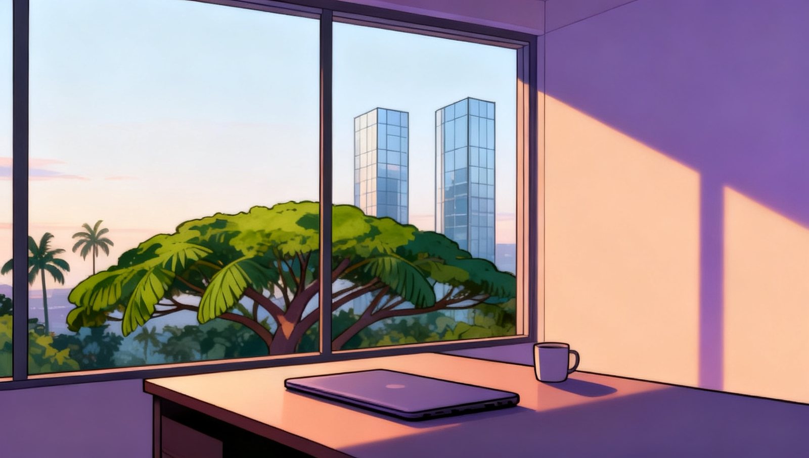 Illustration: an empty high-floor desk at first light, a closed laptop and a cup, a spreading rain tree and glass towers beyond the window.