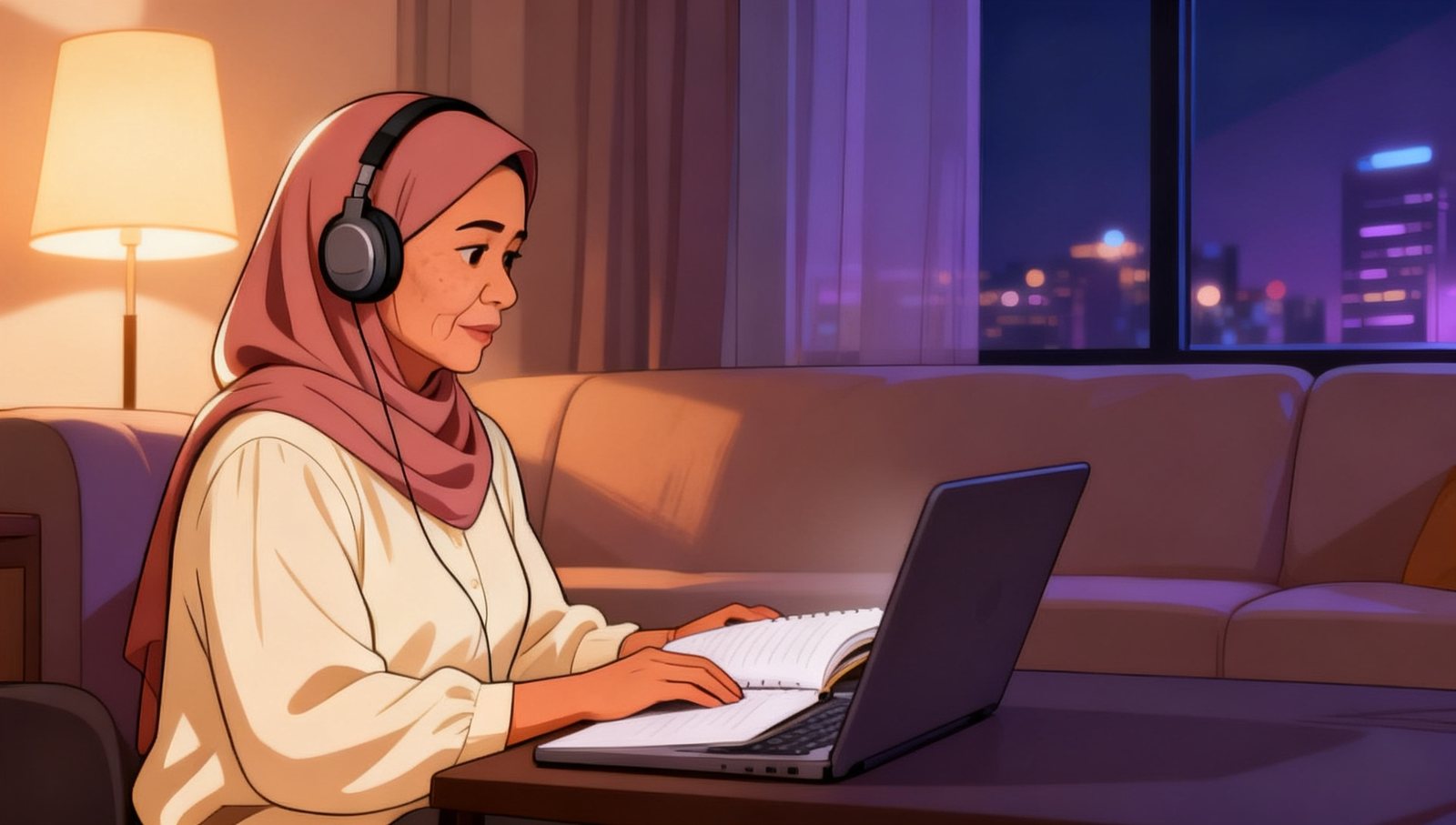 Illustration: a woman in a rose headscarf at home in the evening, headphones on, at her laptop with a paper notebook open beside it, a warm lamp, city lights through the window.