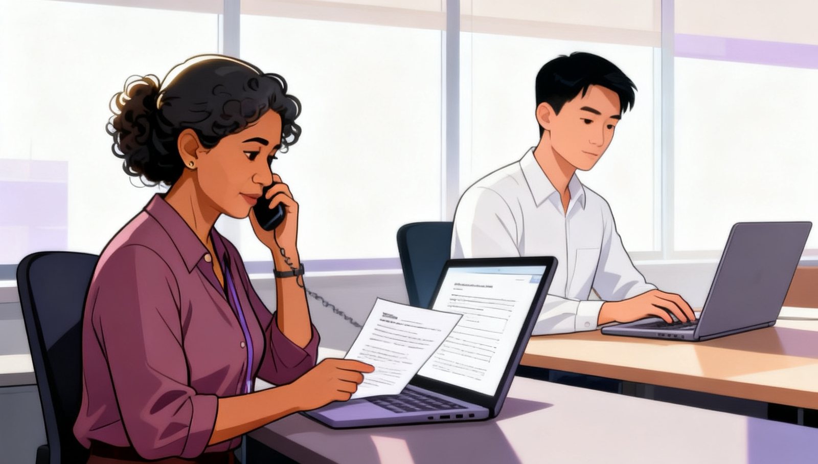 Illustration: two managers at neighbouring desks by day, one checking a printed contract with a phone to her ear, the other typing at his laptop without looking up.