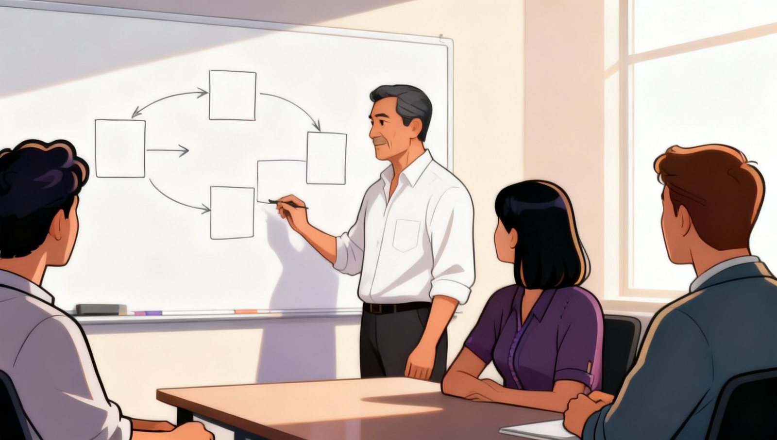 Illustration: a leader in a white shirt at a whiteboard drawing empty boxes joined by arrows, two colleagues at the table listening.