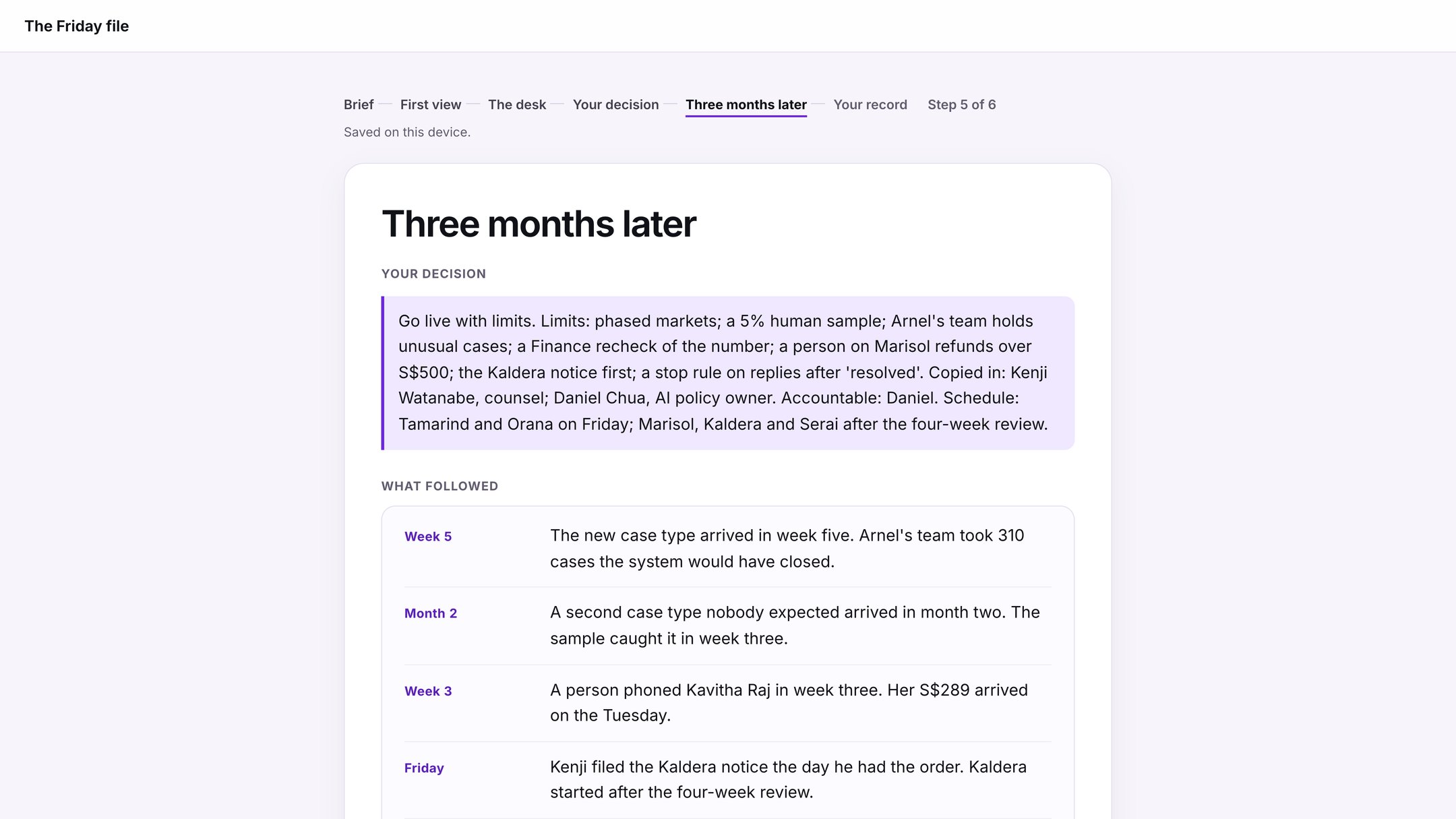 Three months later in the case: the heading, then "Your decision", the order as it was sent, with its limits, who was copied in (Kenji Watanabe, counsel; Daniel Chua, AI policy owner), who is accountable and the schedule.